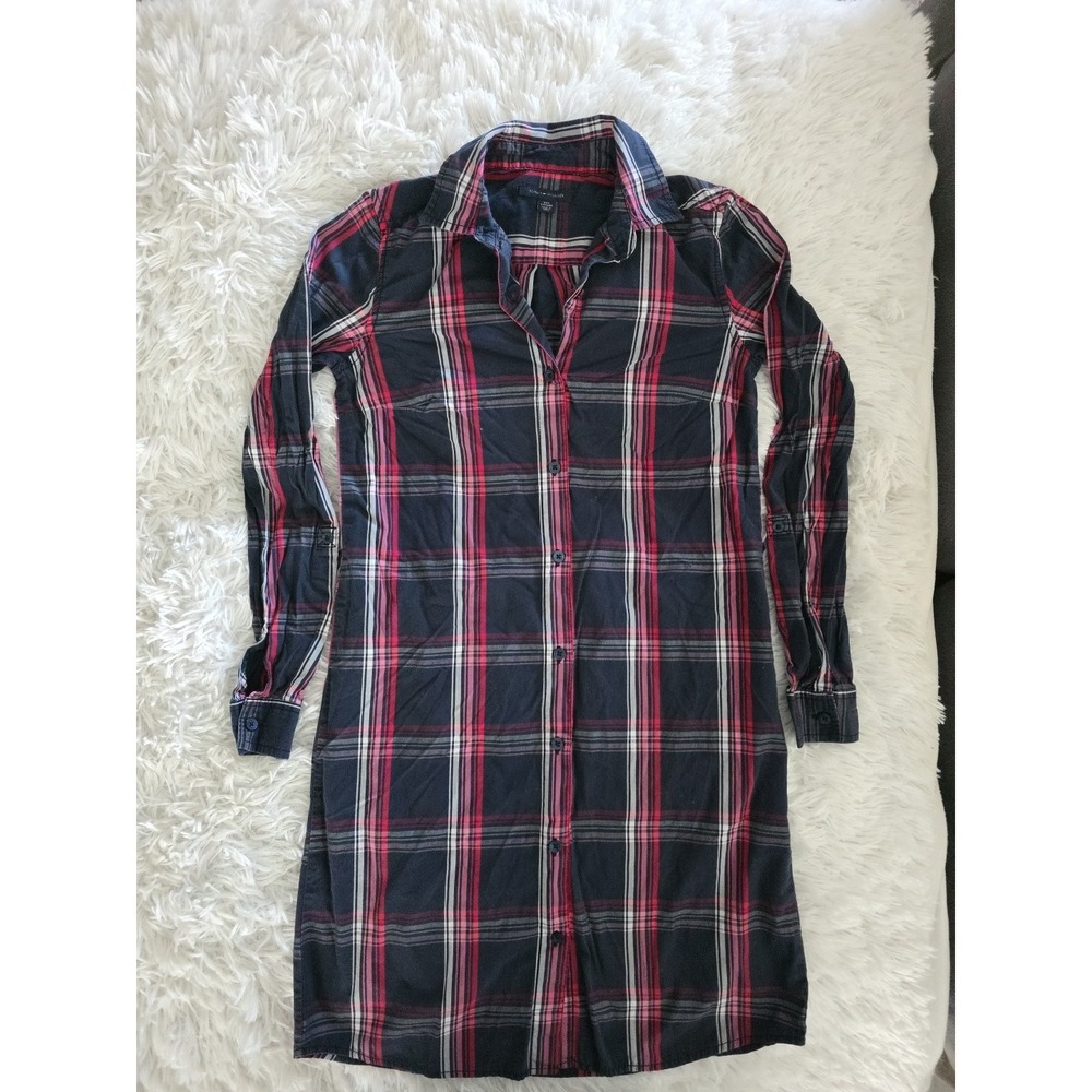 WOMENS XXS TOMMY LONG SLEEVE PLAID BUTTON-UP‎ SHIRT DRESS MULTI COLOR